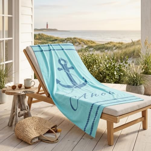 MTOnlinehandel Badetuch Anker-Motiv, 90x180cm, 100% Baumwolle, weiches, saugfähiges XXL Handtuch, Strandtuch, Liegetuch, maritim (AHOI)
