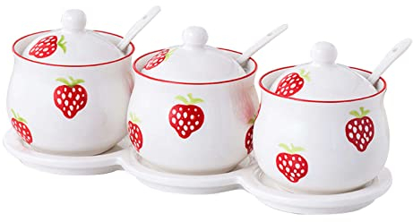 Azucarero de estilo europeo con cuchara, flores de color rosa y patrón de hojas verdes Contenedor de azúcar, tarros de especias de porcelana-fresa roja-200ml Tarros de especias de cocina ( Color : Red