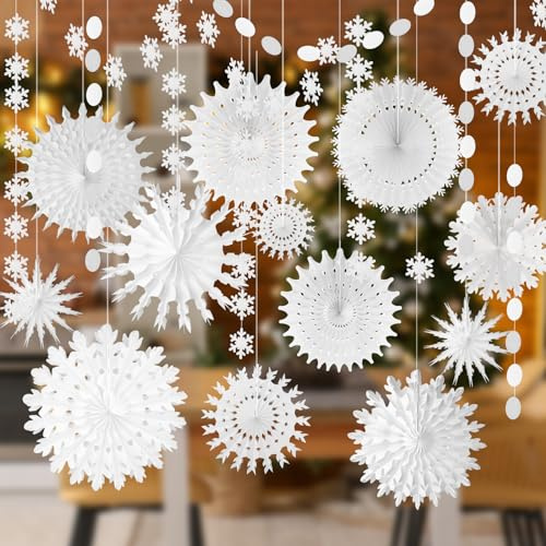 PLULON 18 Stück Weihnachtsdekorationen weißem Papier Schneeflocken Winterwunderland gefrorene Partydekorationen Weihnachtsschneeflocken-Hängefächer Banner-Dekorationen Geburtstag Weihnachten Feiertage