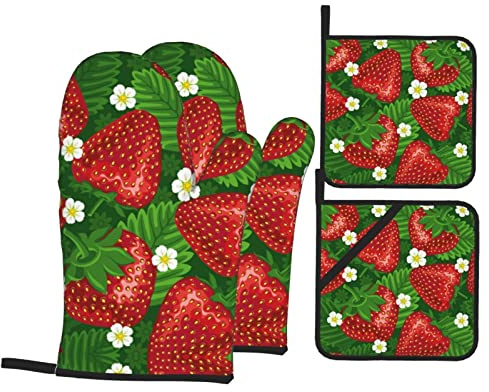 Ofenhandschuhe und Topflappen, 4er-Set, Erdbeere und Blumen, hochhitzebeständige Ofenhandschuhe und Topflappen für Küche, Kochen, Backen, Grillen