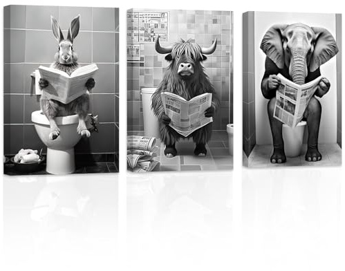 ZXHYWYM Lustige Badezimmer Tierbilder 3 teiliges Hochlandkuh Kaninchen Elefant in der Toilette Poster Leinwanddrucke Schwarz Weiß Badezimmerdekor (Bild-2, (28.00 x 35.00 cms x 3 Teilig))