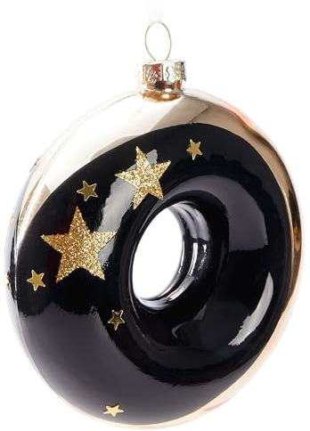 BRUBAKER Premium Weihnachtskugel Donut - Sterne Gold und Schwarz - 10 cm Baumkugel aus Glas - Handbemalter Christbaumschmuck Anhänger - Luxus Weihnachtsdeko Christbaumkugel