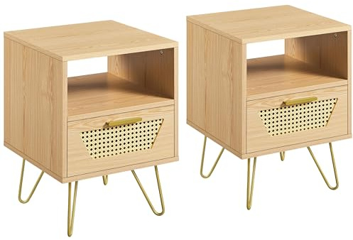 Yaheetech 2er Set Nachtttisch Rattan-Design Beistelltisch mit 1 Schublade und 1 Offenen Ablagefach Nachtschrank Metallbeine Nachtkommode Sofatisch für Schlafzimmer/Wohnzimmer, Hellbraun