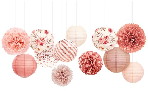 NICROLANDEE Hochzeitsparty-Dekorationen, 12 Stück, rosafarbene Papierlaternen, Seidenpapier-Pompons, Hintergrunddekoration für rosa Boho, Hochzeit, Brautparty, Geburtstag, Teeparty-Dekoration