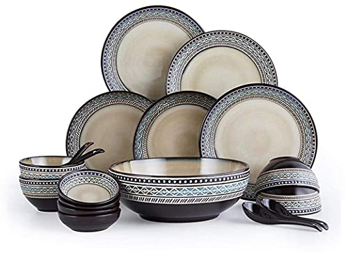Service de Table Vintage en Porcelaine gaufrée, Ensemble de 18 pièces, Bol en céramique, Plat, cuillère, Ensemble de Salle à Manger pour Cadeau