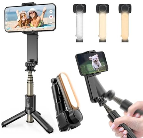 MUTNITT Stabilisateur Smartphone,avec lumière de Remplissage et télécommande, Portable et Pliable, Perche à Selfie à Cardan Portable pour Vidéo Vlog, Compatible avec Android/iOS