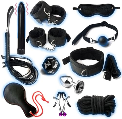 Sadodo 12 Stück BDSM Set Bondage Set mit Vibrator,Fesseln,Handschellen,Bondageseil,Analplug,Choker,Knebel und Peitsche Set,Sex Toys SM Sex Spielzeug für Paare Extrem Sex Mann Frauen Einsteiger