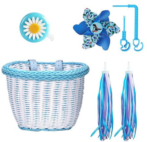 Fahrradkorb Set Kinder Fahrradkorb Vorne Mit Lederriemen Fahrradklingel Fahrrad Windmühlen Fahrrad Quasten Bike Basket Set Fahrradkorb Zubehör Für Mädchen Und Kinder (Blau Weiß)