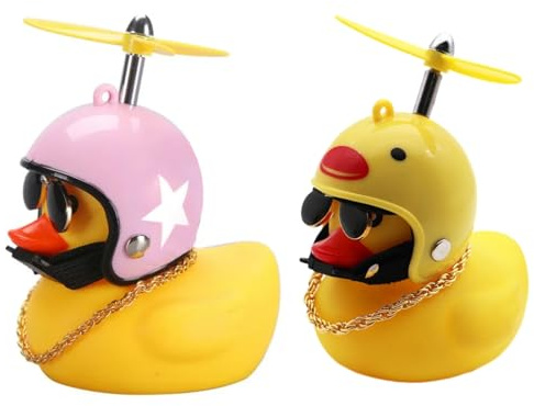 EIHI Moped Zubehör, Gummiente, Gummi Gelb Ente Auto Ornament, Coole Fahrradglocke Dekorationen mit Propellerhelm für Erwachsene Kinder, Küken und rosa Stern, 2 Stück
