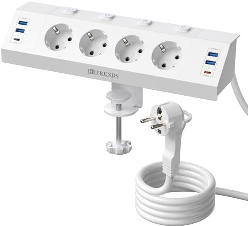 Toma de Corriente de Escritorio con USB, 4 Tomas Regleta Múltiples con Interruptor único, Toma de Protección contra Sobretensiones de Esquina 10 en 1 con 2 USB C (PD 20W) con Cable de 2M, Blanco