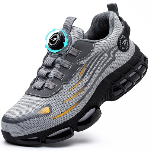 Sicherheitsschuhe Herren S3 Leicht Drehknopf Arbeitsschuhe Stahlkappenschuhe Atmungsaktiv rutschfeste Sportlich Safety Shoes Anti-Smash Anti-Punktur Mode Grau 43 EU