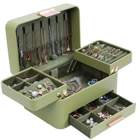 KAMIER Jewelry Box for Women, 3 Layers Jewelry Organizer with Drawers, Large Jewelry Storage Organizer for Earring, Ring, Necklace, Bracelets, Green