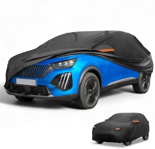 Partuto Housse De Voiture Imperméable Toutes Saisons Protection Contre Le Soleil Et La Pluie pour Peugeot 2008 2014-2023 210D-Pu Noir avec Bandes Réfléchissantes
