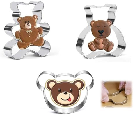 Teddy Bear Cookie Cutter Set, 3 Pcs Bear Face and Teddy Bears Stainless Steel Biscuit Cutters Fondant Cake Decoration Baking Mould for Kids