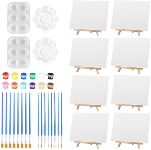 HBSTK 48 Pcs Mini Canvas & Wooden Mini Easels Painting Set with 4x4 Inches Canvas, Acrylic Paints, Brushes & Palette – Art Supplies, Artists Tools & Art Party Kit