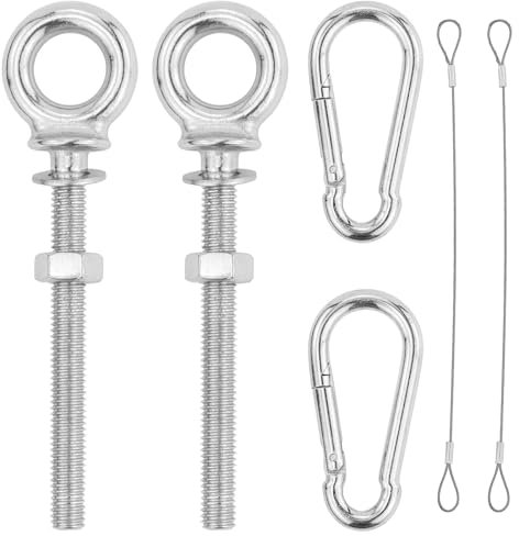 2 viti ad anello M8 x 80 mm, viti ad anello con rondelle e dadi esagonali, bulloni ad occhiello, con 2 moschettoni e 2 corde metalliche, per il fissaggio e l'applicazione