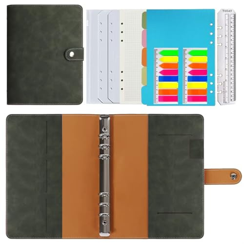Cuaderno de cuero con encuadernación A5, diario rellenable de piel sintética con papel a cuadros, bolsillos interiores de cuero genuino para trabajo de viaje y organizador (cuadriculado, verde oliva)