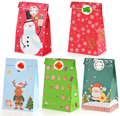 HAMOHTE Papiertüten Weihnachten, 50 Stück Bunt Geschenktüten Weihnachts mit 60 Aufkleber, Kraftpapier Klein Weihnachtstüten, Kinder Weihnachtspapiertüten Geschenk Papier Tüten für Xmas Party
