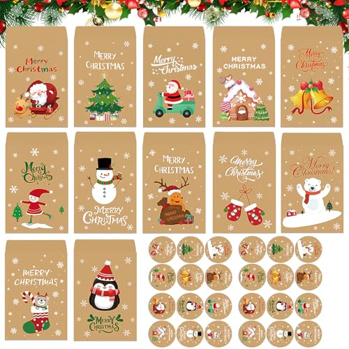 Zephyra 24 Stück Weihnachts Papiertüten mit 24 Aufklebern, Kleine Geschenkumschläge Geschenkbeutel, Papiertüten Mini für Adventskalender, Süßigkeiten, Party & Geschenkverpackung(7.7 * 11CM)