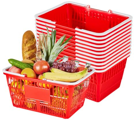 VEVOR Shoppingkorg, 12 st, 21 L, bärkorg av plast med handtag, universalkorg, rymmer upp till 9,07 kg, picknickkorg för mat, detaljhandel, butiker, stormarknader, hemmabruk, röd
