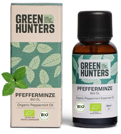 Green Hunters Bio Pfefferminzöl 30ml,100% Ätherisches Öl aus Indien (Mentha Piperita), Lebensmittelgeeignet, für Aromatherapie, Tee, Haut & Haar Reines Peppermint Oil