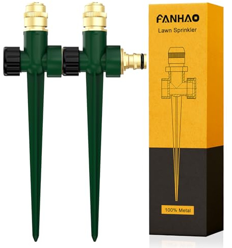 FANHAO 2 Paquetes de aspersores de césped de Metal para Patio,aspersor automático de Agua para jardín con Base de púas, Boquilla de latón de 360 Grados Ajustable