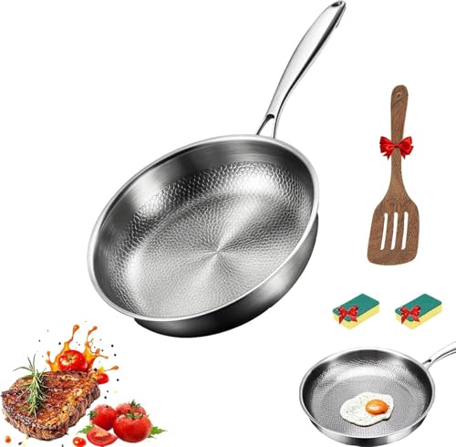 Generisch Poêle en titane martelé Pan Pro avec couvercle, poêle à frire en titane épais, ultra durable, poêle à frire en titane non revêtue de qualité supérieure pour la cuisine