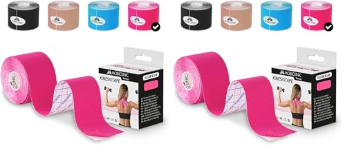 Mobiclinic®, Bande de kinésiologie, Neuro-musculaire adhésive, 5m x 5cm, Sport tape, Soulagement des douleurs musculaires, Adapté à plusieurs zones, Kinesiotape, Face (Rose) (Lot de 2)