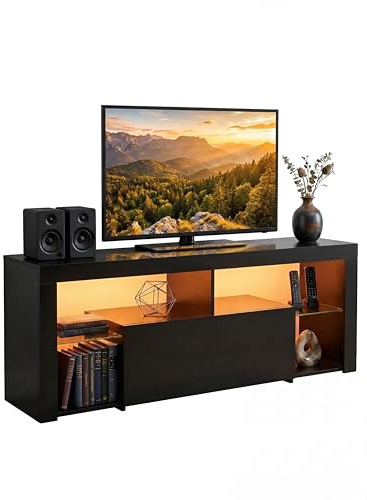 Amveya TV Schrank Schwarz TV Board 140 cm Fernsehschrank mit Glasböden und Schubladen TV Lowboard Matte Schwarzer Sideboard Wohnzimmer Kommode für Fernseher