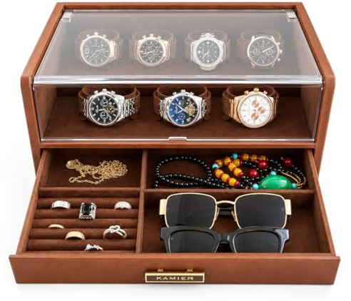 KAMIER Uhrenbox mit 7 Fächern, PU-Leder Uhrenvitrine mit Glasdeckel | Schublade,Uhrenkasten mit weichem Samtinnenfutter,Premium-Uhrenaufbewahrung für Uhren,Brillen und Schmuck,Watch Box