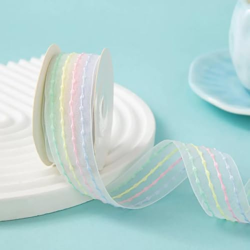 1 Rotolo di Nastro di Organza, Nastro in Chiffon Trasparente, Nastri in Organza a Righe Arcobaleno 2,5 cm x 9 m, per Confezioni Regalo, Fai da Te, Artigianato, Bouquet, Matrimonio, Invito (A)