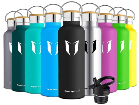 Super Sparrow Water Bottle Stainless Steel - 350ml - Insulated Metal Water Bottles - Standard Mouth Flask - BPA Free - Straw Bottle for Work, Gym, Sports - 2 Lids