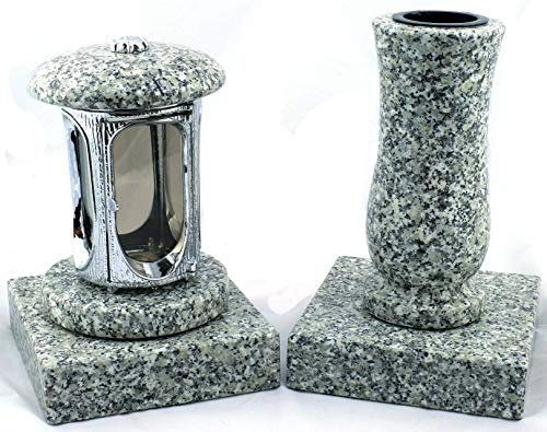 designgrab Lampe funéraire en aluminium chromé et vase funéraire et 2 supports carrés en granit