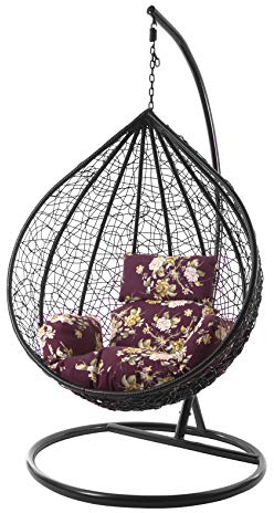 Kideo® Komplettset: XXL Hängesessel mit Gestell & Kissen, Lounge Möbel, Poly-Rattan, schwarz, edel, groß (Kissen: Nest geblümt (3905 vino Tinto))