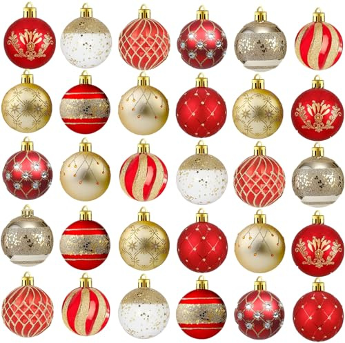 Julgranskulor, julgransprydnad, 30 stycken, 60 mm, plastjulgranskulor med hängare, julgran för jul, bröllop, fest (röd)