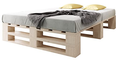 sunnypillow Palettenbett M2 aus Holz 140 x 200 cm mit Lattenrost, Doppelbett, Familienbett - erhöhtes Ehebett Bettgestell Futonbett Komforthöhe Naturholz Massivholzbett