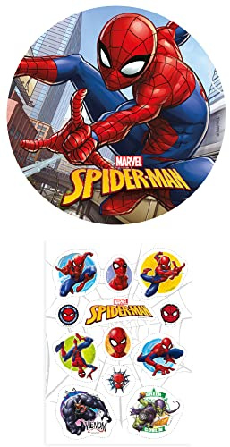 Dekozauber24 2er Set Spiderman Essbarer Tortenaufleger 20cm + 12x Muffinaufleger, vegetarische und zuckerfreie Tortendeko für Torte und Muffins für den Kindergeburtstag (Nr.1)