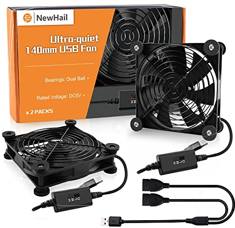NewHail 140mm Mini USB Fan Computer Fan Multi-speed Control, Reduction Heat for Router, Game Console, TV Box, Recipient, Modem, DVR, PlayStation, AV-cabin (2 Pack - Black)