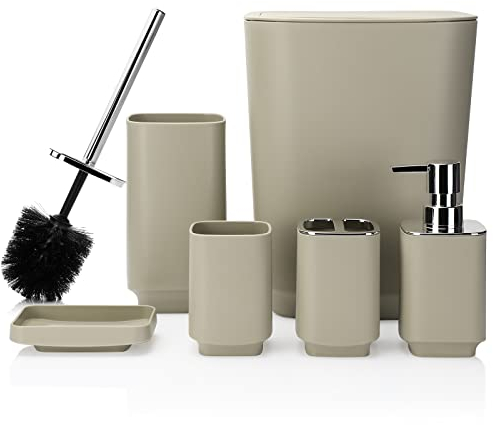 JOTOM Set di 6 accessori da bagno in plastica di lusso, set di accessori da bagno, bidone della spazzatura, scopino, portaspazzolino, bicchiere, portasapone, dispenser di sapone, set regalo (beige)