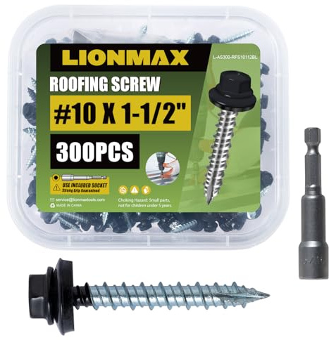 LIONMAX Metal Roofing Screws #10 × 1-1/2 Inch, 300-PCS, Black Painted Hex Head Sheet Metal Roof Screws, Rubber Washer, Sharp Point, Metal to Wood Siding Screws, Hex Socket Included