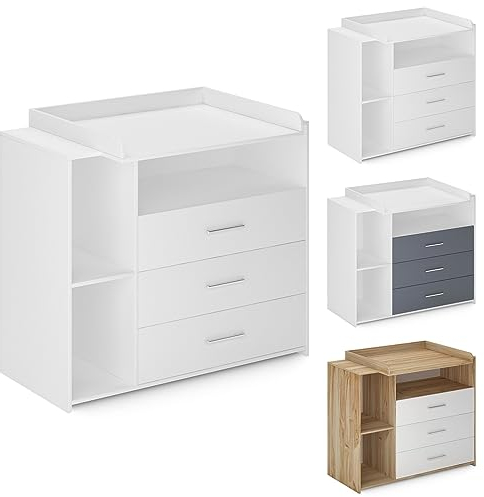 Infantastic® Wickelkommode -Mit Wickelauflage, 3 Schubladen, 3 Fächer, 113x53x101.6 cm, in MDF, Weiß/Grau/Sonoma - Baby Kommode, Wickelregal, Wickeltisch, Wickelschrank mit Wickelaufsatz (Grau-weiß)