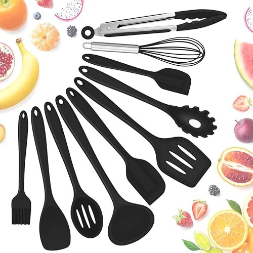 Herogo Kitchen Utensils Set, 10 Pcs Silicone Cooking Utensils Set for Baking, Non-Stick & Heat Resistant Cookware Include Spatula Whisk Spoon Turner Tongs, Non-toxic & Dishwasher Safe, Black