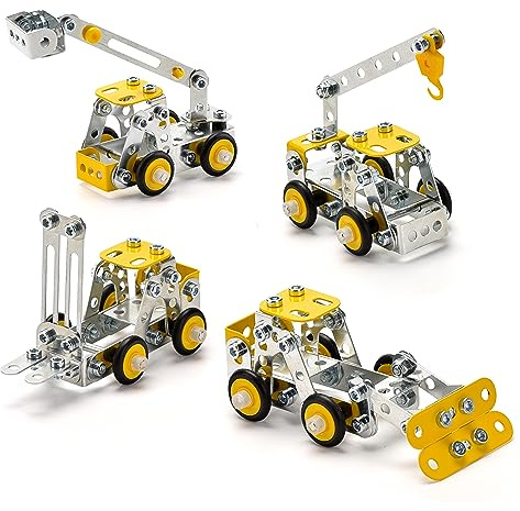 Erector Set for Boys Age 8-12,4 Mini Metal Model Set for Kids,330 PCS STEM Construction Toys,Engineering Building Set with Crane,Forklift,Bulldozer,Fire Truck-DIY STEM Educational Gift for Boys&Teens