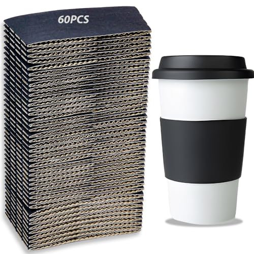Rukinovi Einweg-Kaffeetassenhülle, Wellpapier-Kaffeetassen mit Deckel, für 300 ml Tassen, schwarzen heißen Kaffee und heiße und kalte Getränke, Pappbecher (B-black60), 60 Stück