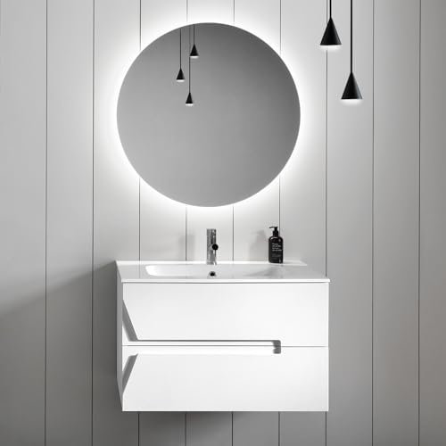 Liberoshopping Mobile bagno in legno sospeso HAITI con lavabo (Larice Bianco, Base 70 cm)