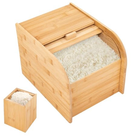 DYNAMI Bamboo Rice Storage Container,22Lbs Wooden Cereal Containers Storage Rice Dispenser,Large Dry Storage Rice Container Box with Sliding Lid and Measuring Cup,for Flour Grains