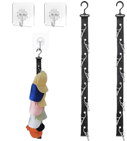 2 Stück Cap Halter, Cap Aufbewahrung, Praktisch Cap Halterung Wand, Kappenhalter mit 16 Clips,2 Selbstklebenden Haken Kappenhalter für ordentliche Hutablage Aufhängen für Baskenmütze Basecap Sonnenhut