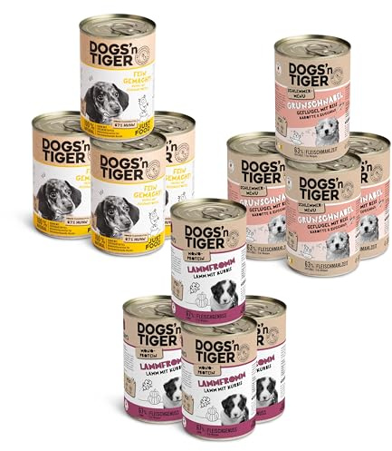 Dogs’n Tiger Junior Hundefutter, Nassfutter, Getreidefrei ohne Zuckerzusatz & künstliche Konservierungsstoffe, optimale Verträglichkeit, Mixpaket Happy Puppy, Welpen Futter, Geflügel & Lamm, 12x 400g