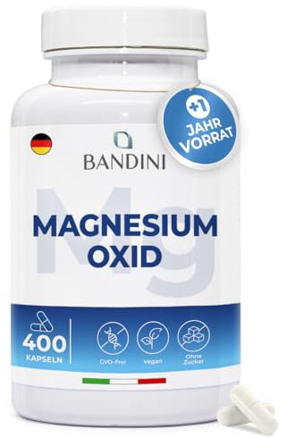 Bandini® Magnesio Ossido 400 capsule (+1 Anno), 664 mg (di cui 400 mg di magnesio elementare) per Capsula, Booster Energia, Supporto per Muscoli ed Ossa, Alto Dosaggio, Vegano, Prodotto in Italia