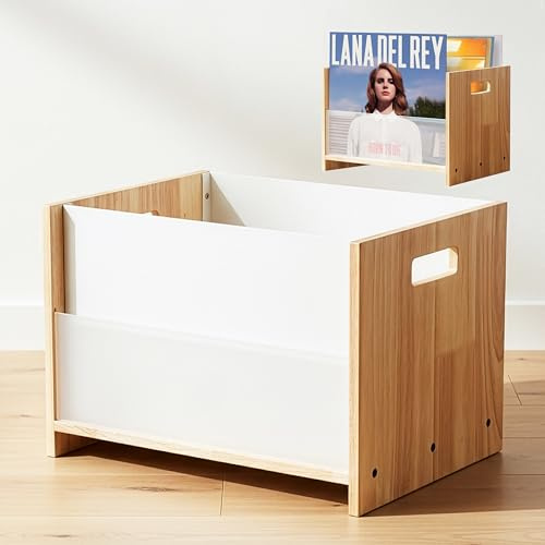 LIBKEN Caja de almacenamiento de discos de vinilo, caja de LP blanca y madera de caucho con vidrio acrílico, se adapta a 55 discos, soporte para discos de vinilo de diseño escandinavo, organizador de